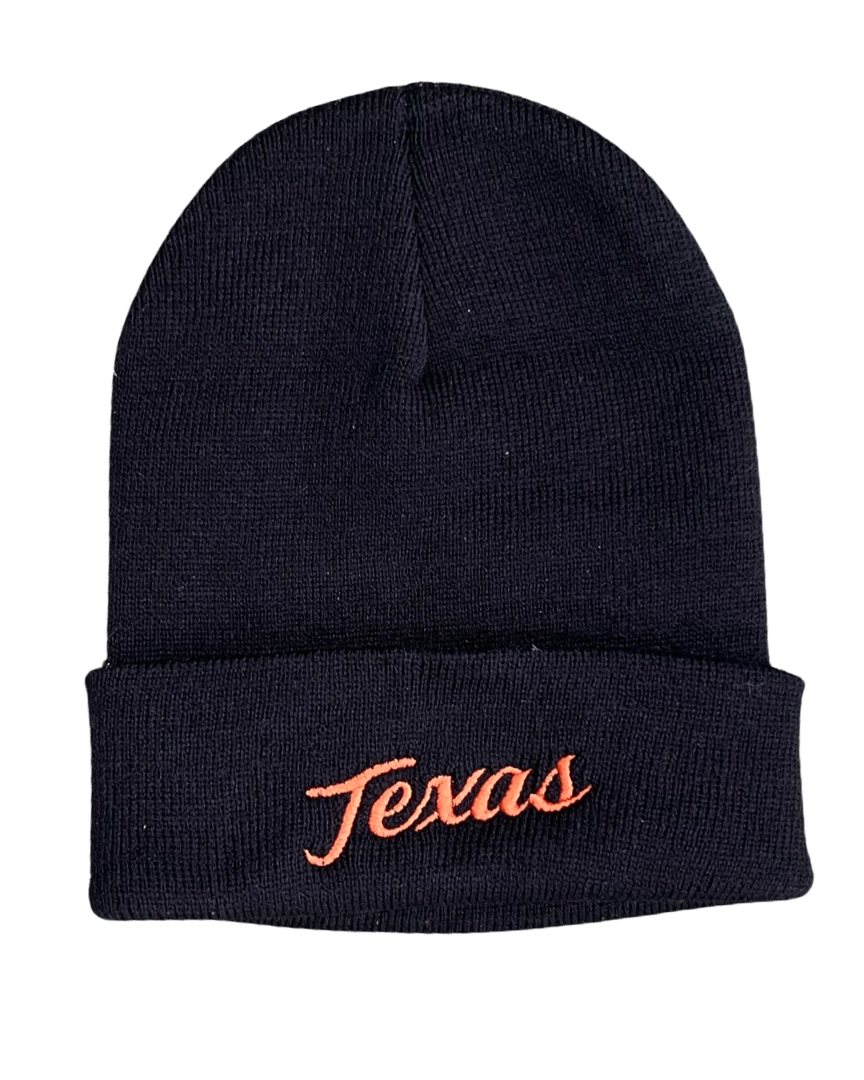 Black beanie with 'Texas' embroidered in orange on a white background