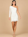 White One Sleeve Beaded Mini Cocktail Dress with Fringe Detail