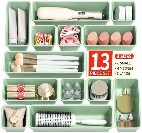 Canfanni 13 Pack Plastic Drawer Organizers Set, 3 Sizes Desk Drawer Organizer