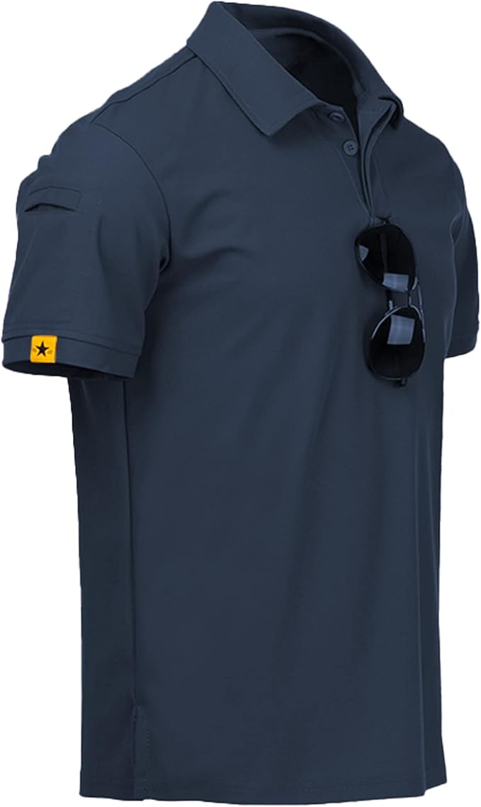 Men wearing a performance tactical golf polo shirt with ring buckle detail and moisture-wicking fabric.