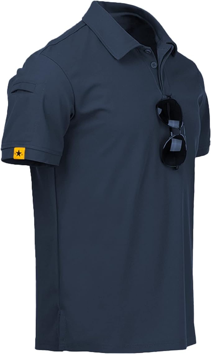 Men wearing a performance tactical golf polo shirt with ring buckle detail and moisture-wicking fabric.