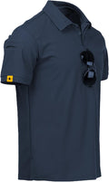 Men wearing a performance tactical golf polo shirt with ring buckle detail and moisture-wicking fabric.