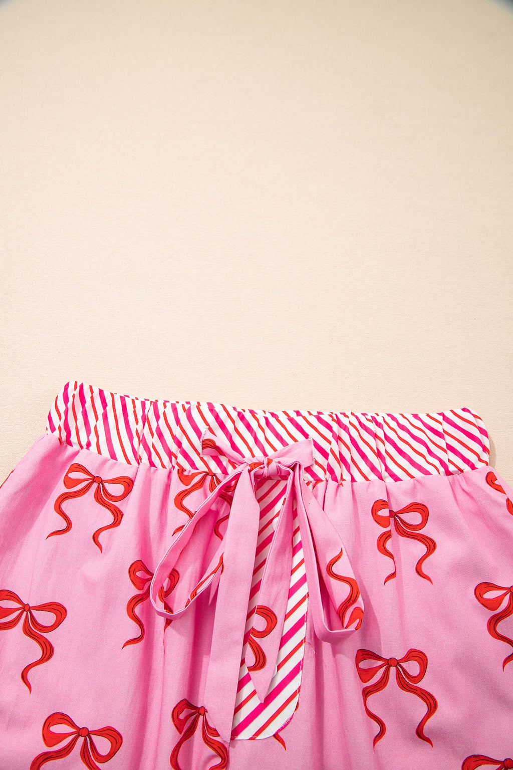 Pink Bow Print Striped Patchwork Shorts with Lace Trim