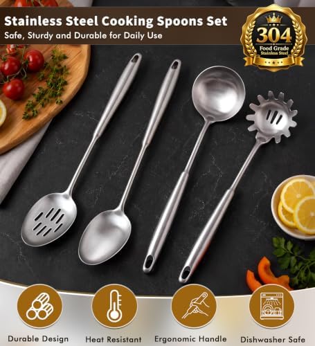 4 Pcs Stainless Steel Cooking Spoons Set, 304 Solid & Slotted Metal Serving