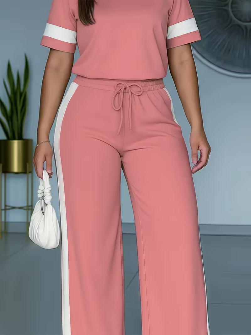 Women's Short Sleeve Color-Block Contrast 2-Piece Pants Set