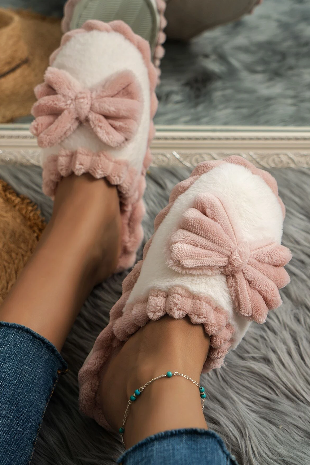 Fushia Bow Plush Winter Slipper | Cozy Indoor Footwear