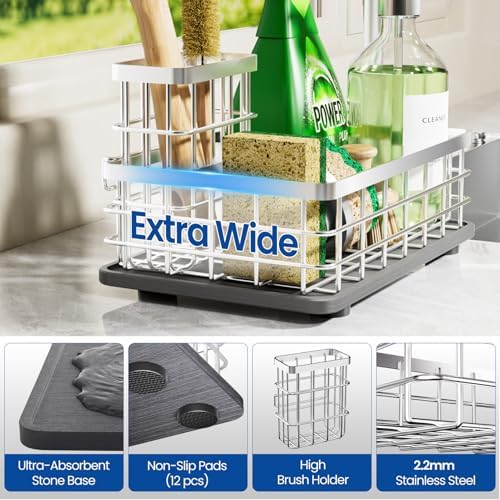 Extra Large Sink Caddy with Drying Stone, Sponge & Brush Holder