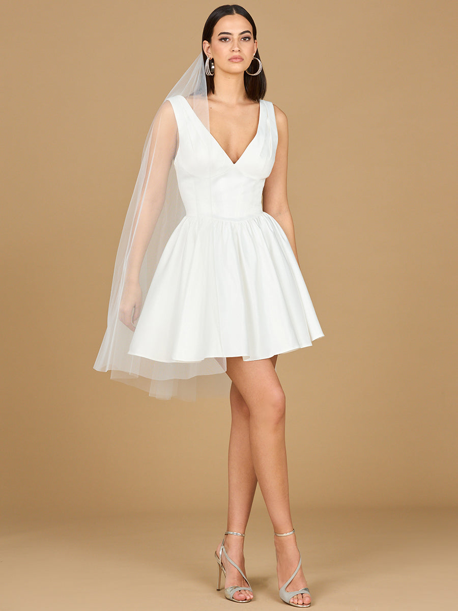 White V-Neck Satin A-Line Mini Bridal Dress with Veil - Image 3