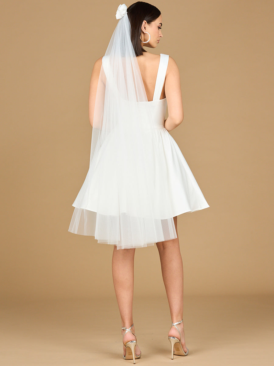 White V-Neck Satin A-Line Mini Bridal Dress with Veil - Image 4