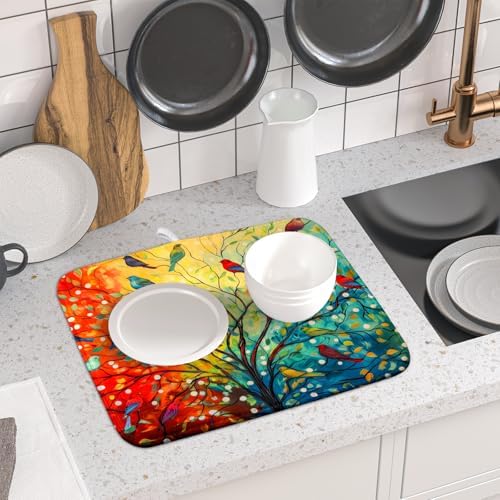 Colorful Spring Summer Tree Bird Dish Drying Mats
