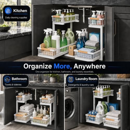 Under Sink Organizer 2 Pack, Double Slide Out Metal Shelf