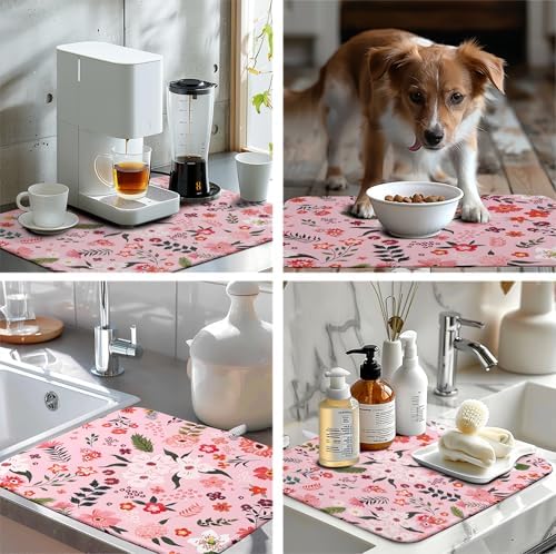 Pink Floral Dish Drying Mat for Kitchen Counter Cute Flower Print Dish Rack