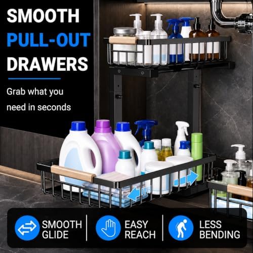 Under Sink Organizer 2 Pack, Double Slide Out Metal Shelf