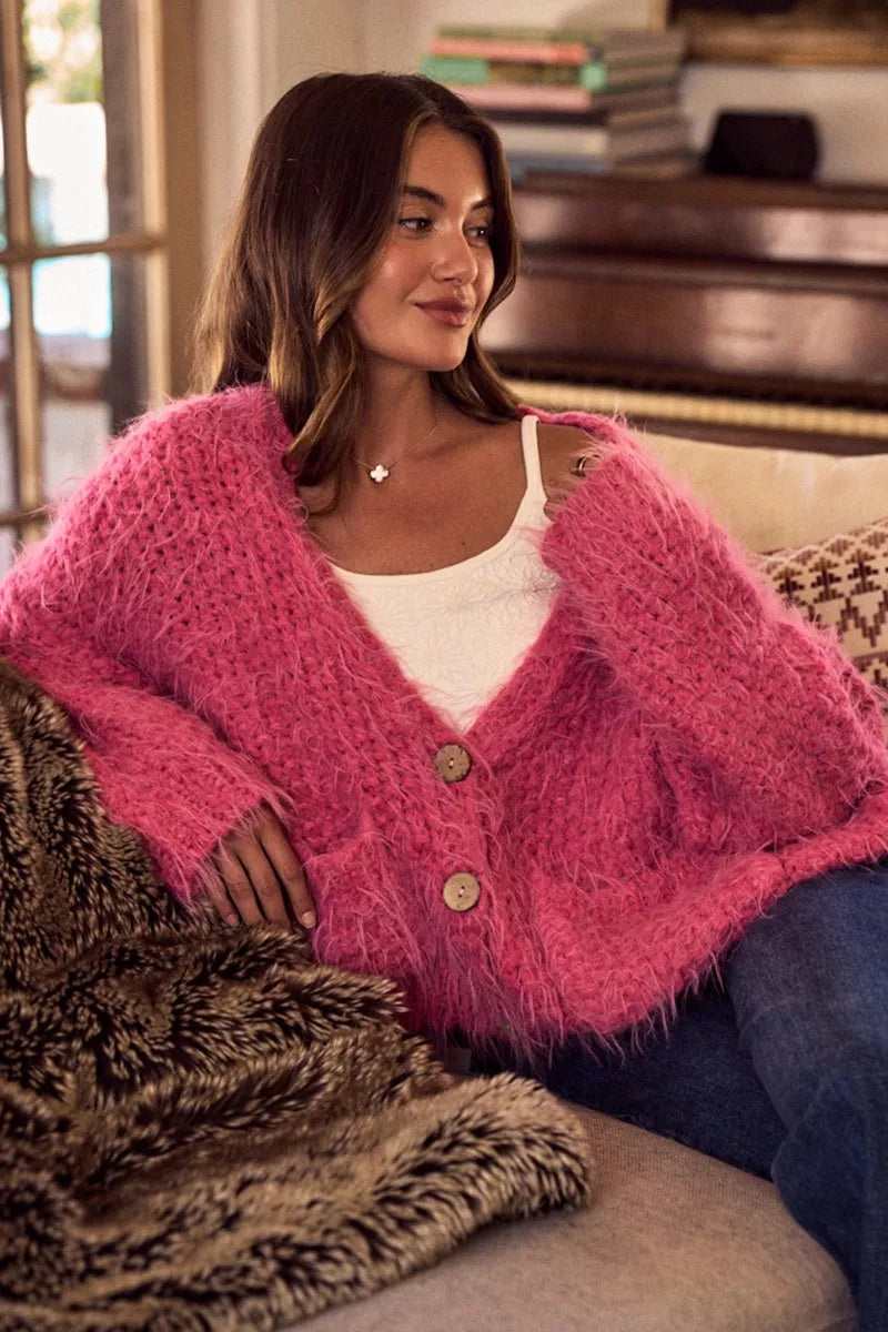 Soft Touch Hairy Loose Fit Cozy Sweater Cardigan in Pink