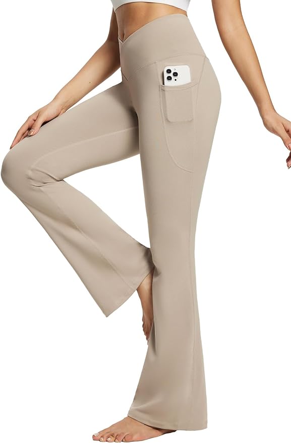 baleaf Women's V Crossover Flare Leggings with Pockets Yoga Pants High Waist Casual Workout Gym Bell Bottom Leggings