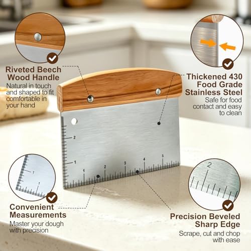Versatile Bench Scraper with Wood Handle, Premium Stainless Steel Dough Scraper