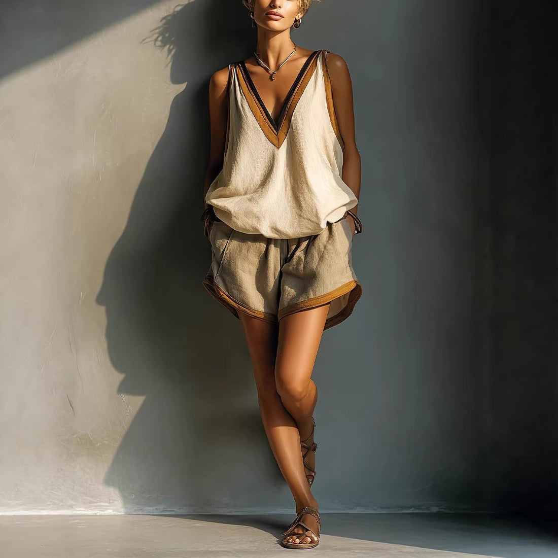 Women's V-Neck Sleeveless Color-Block Top and Shorts Set
