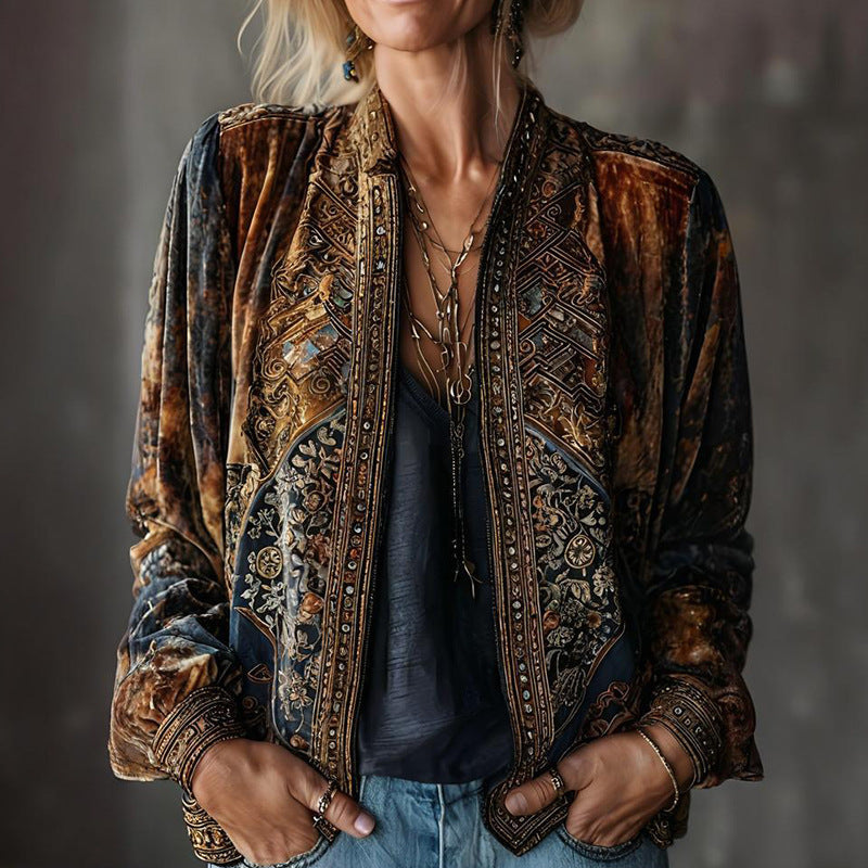 Women’s Retro Bohemian Velvet Cardigan - Geometric Loose Coat