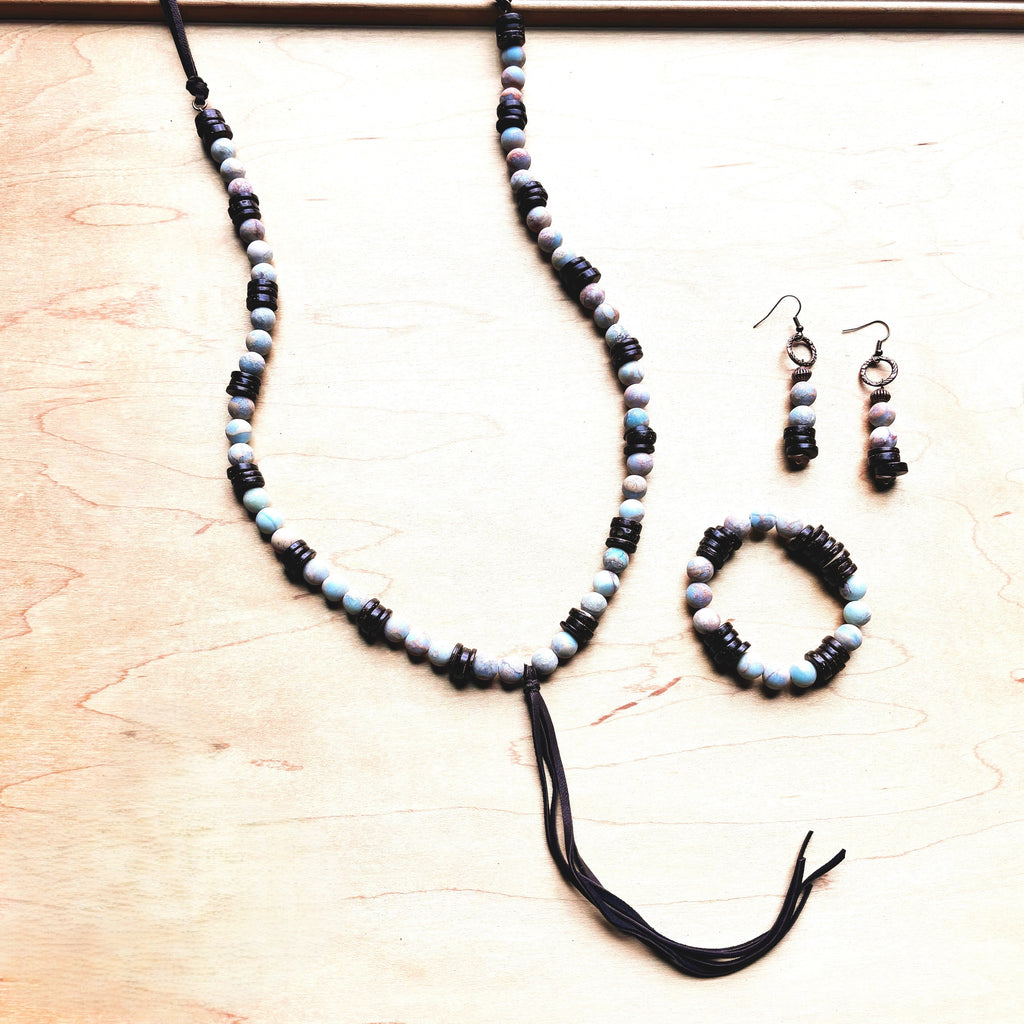 Frosted Aqua Terra and Wood Earrings (220f)