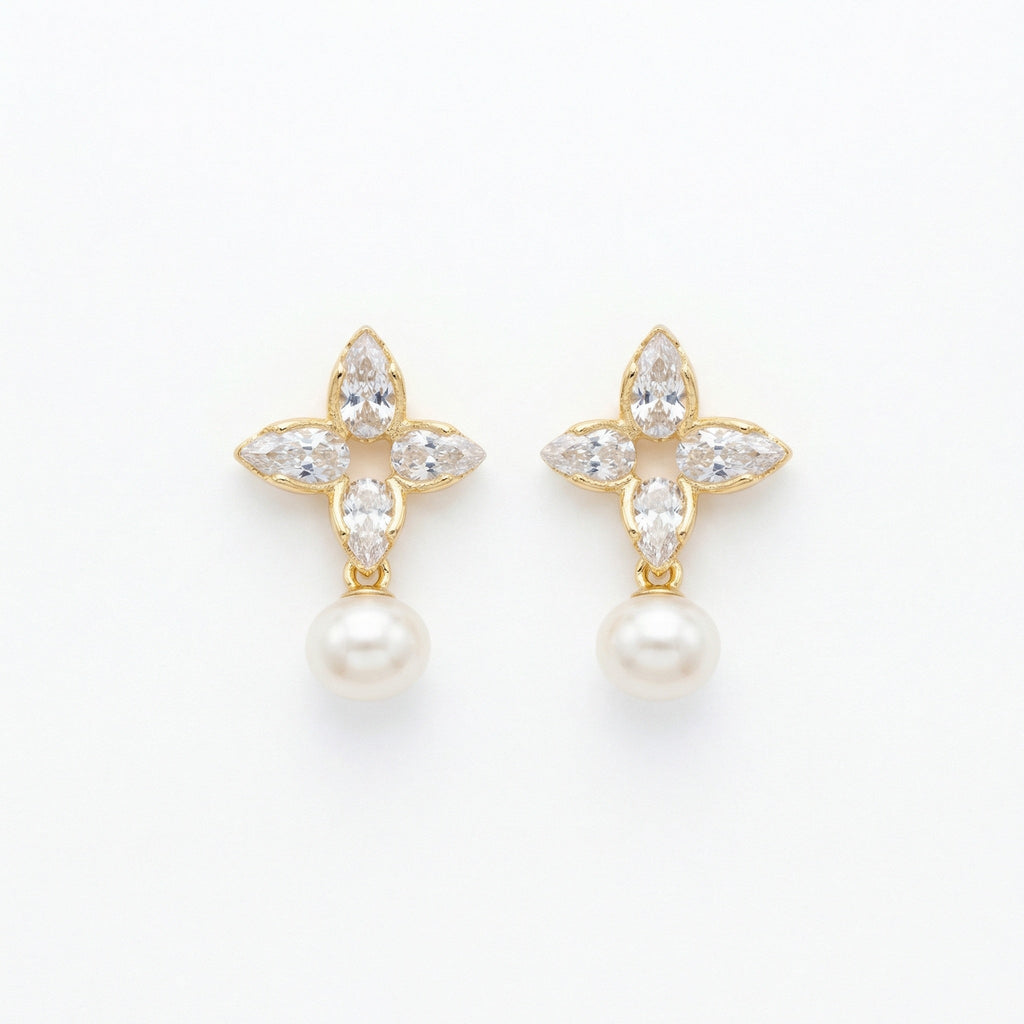 Sterling Silver Marquise Floral Drop Earrings with White Pearls