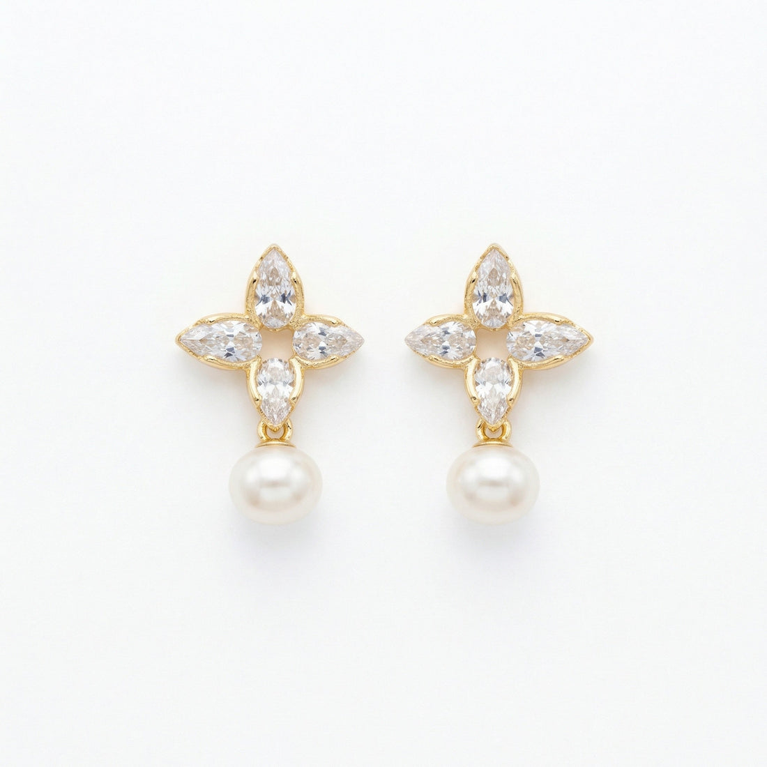 Sterling Silver Marquise Floral Drop Earrings with White Pearls