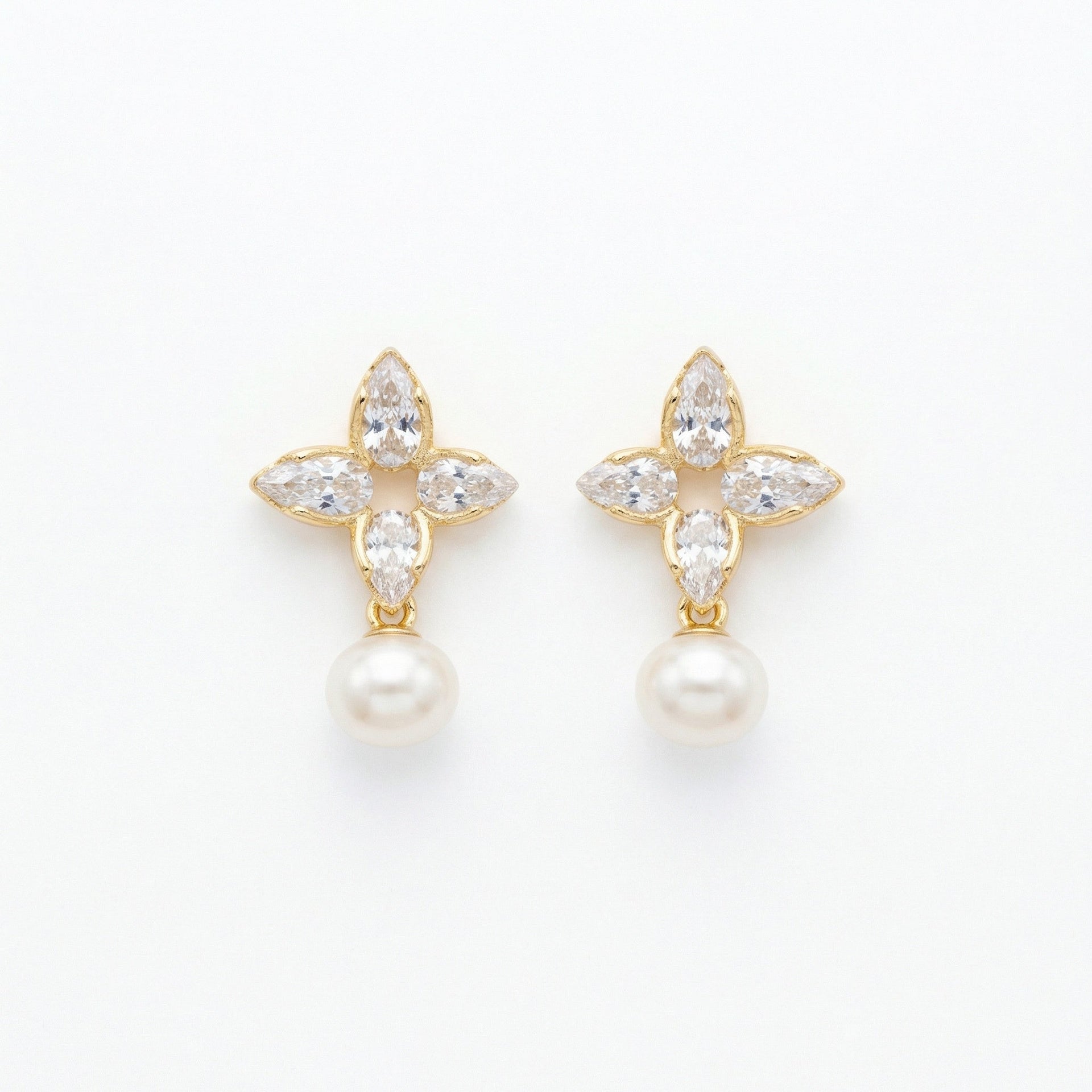 Sterling Silver Marquise Floral Drop Earrings with White Pearls