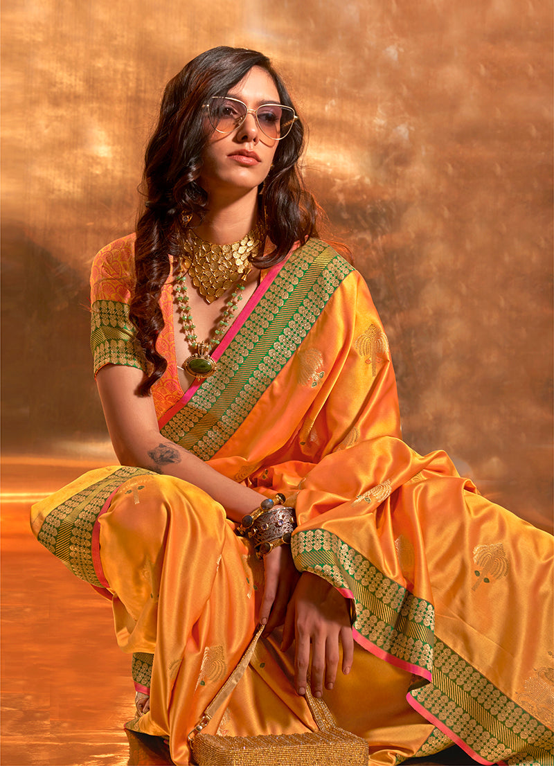 Yellow Satin Silk Saree with Zari Woven Border and Blouse