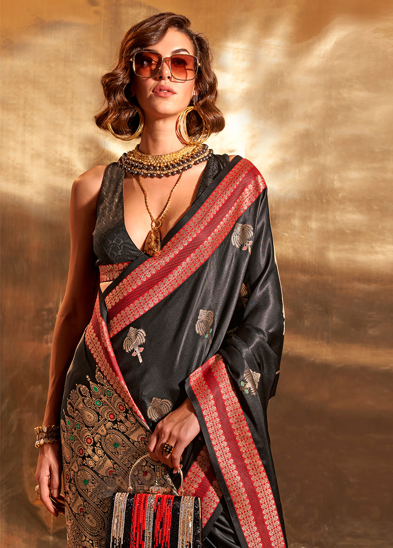 Black satin silk saree with gold zari woven buta design and matching blouse