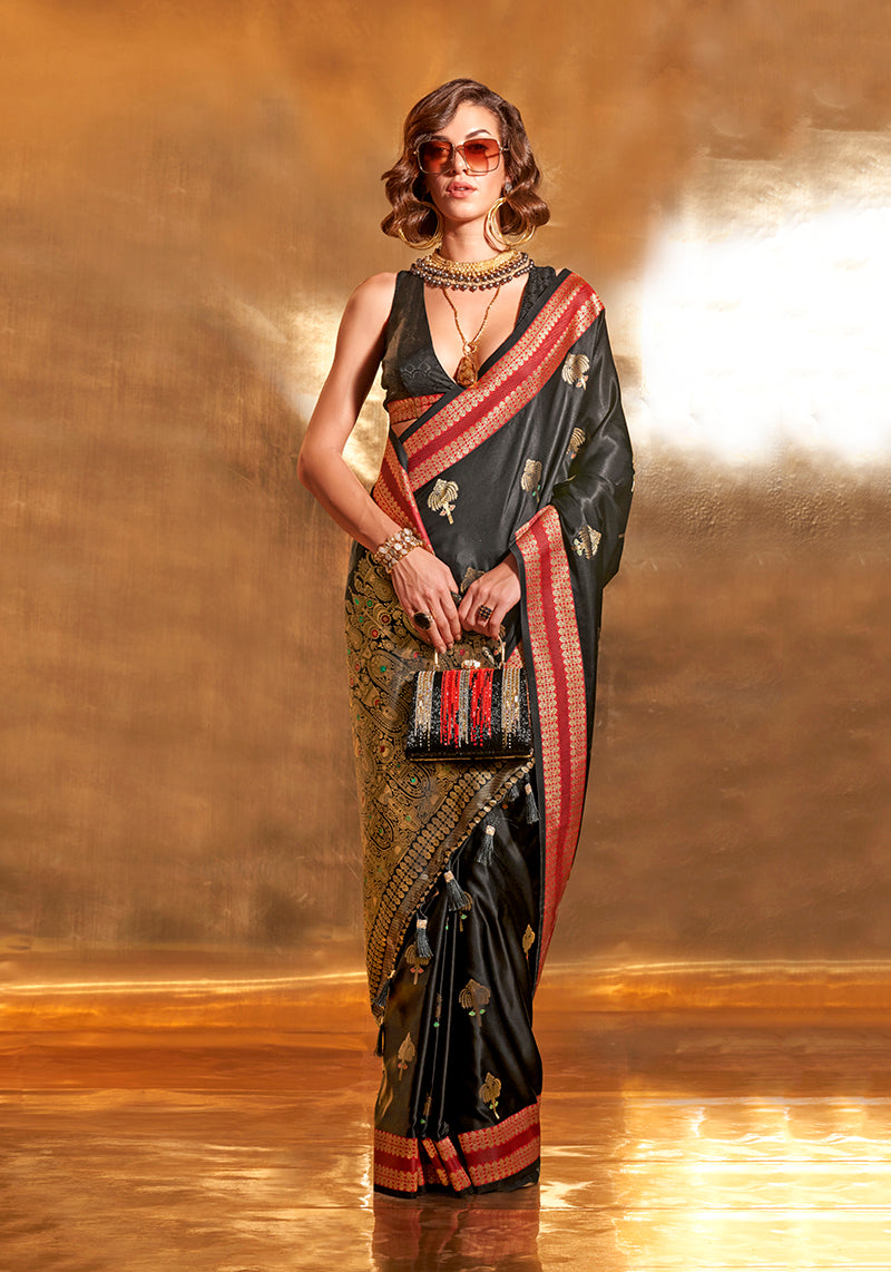 Black Satin Silk Zari Woven Designer Saree with Blouse