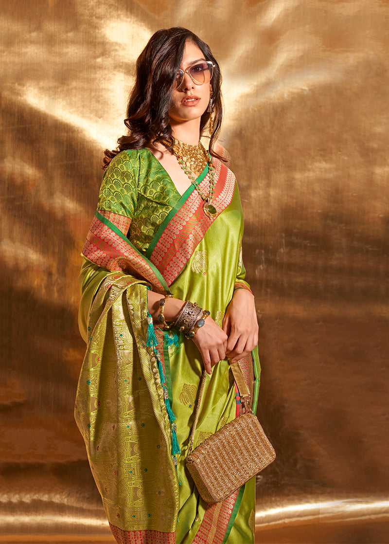 Monjolika Fashion Pear Green Colour Satin Silk Zari Woven Designer Saree With Blouse