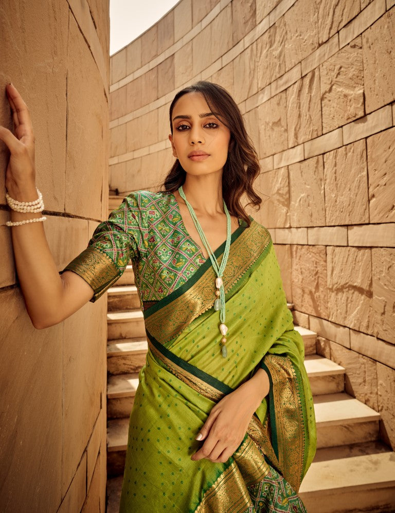 Green Handloom Silk Patola Printed Saree with Blouse