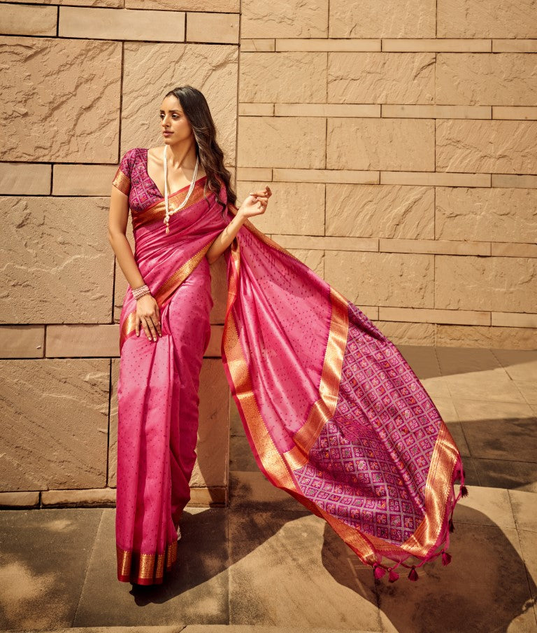 Pink handloom silk saree with patola print and matching blouse