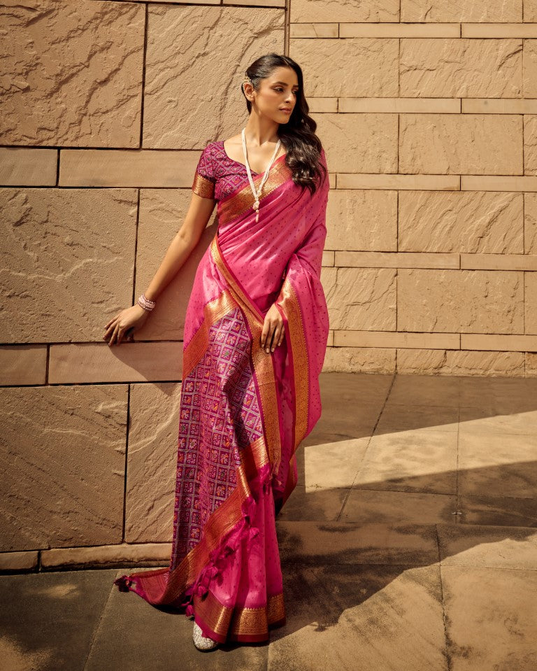 Pink Handloom Silk Patola Printed Saree with Matching Blouse