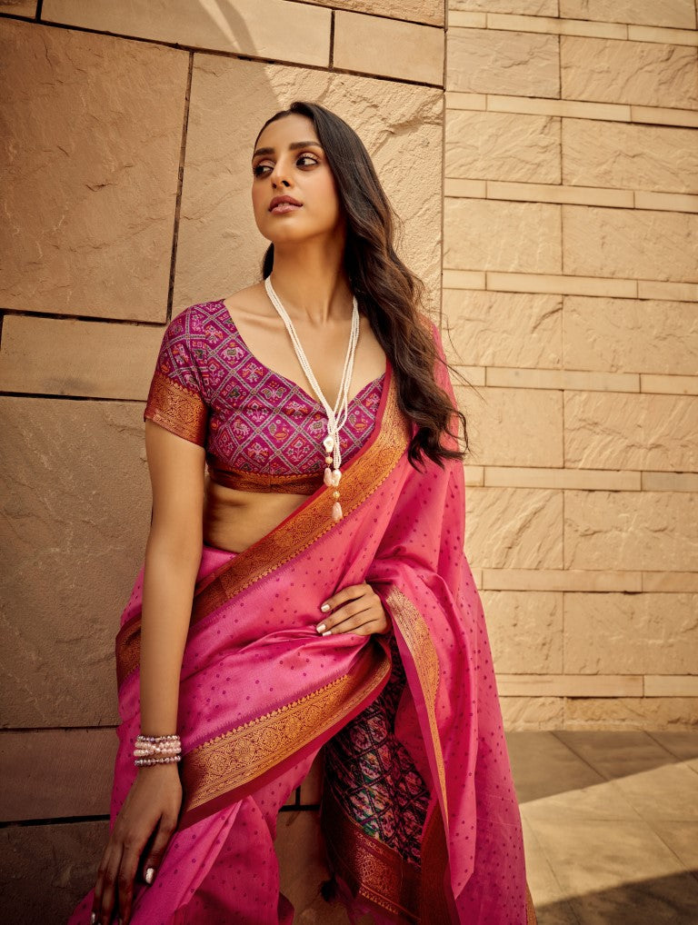 Pink Handloom Silk Patola Printed Saree with Matching Blouse