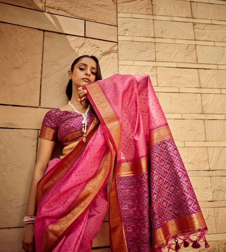 Pink Handloom Silk Patola Printed Saree with Matching Blouse