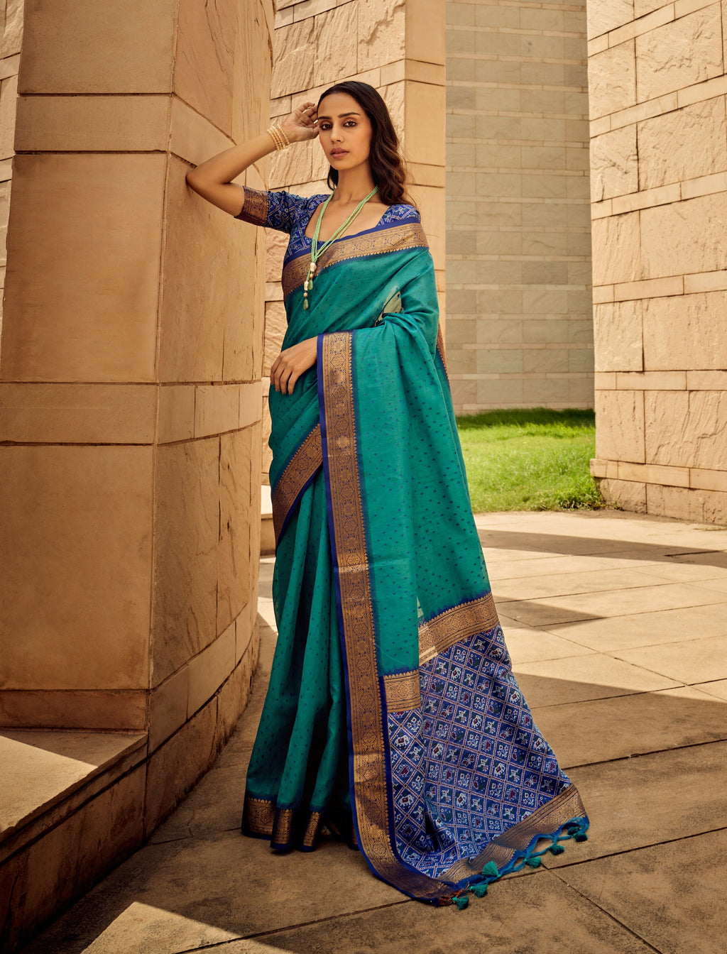 Teal Blue handloom silk patola printed saree with matching blouse piece