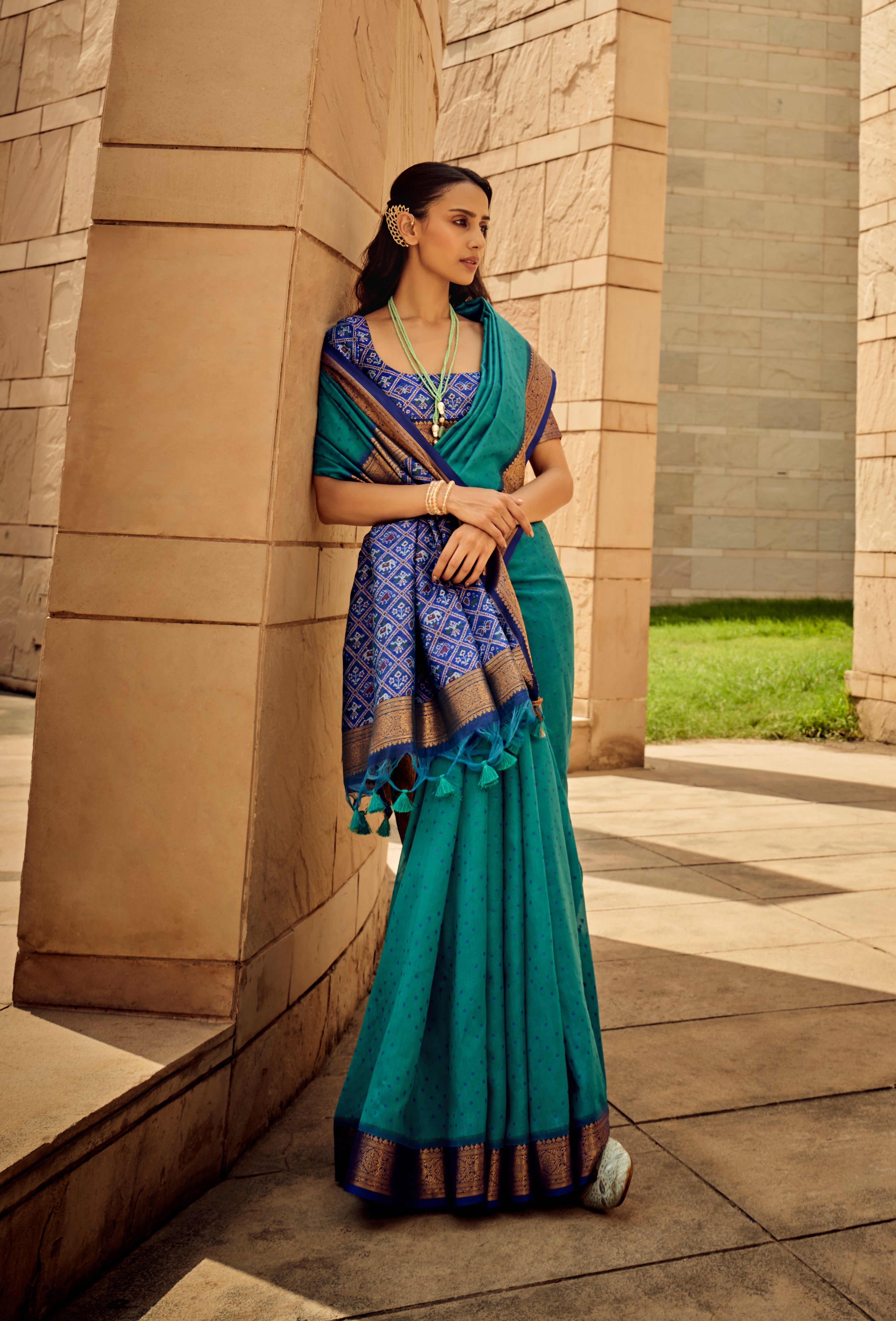 Teal Blue Handloom Silk Patola Saree with Matching Blouse