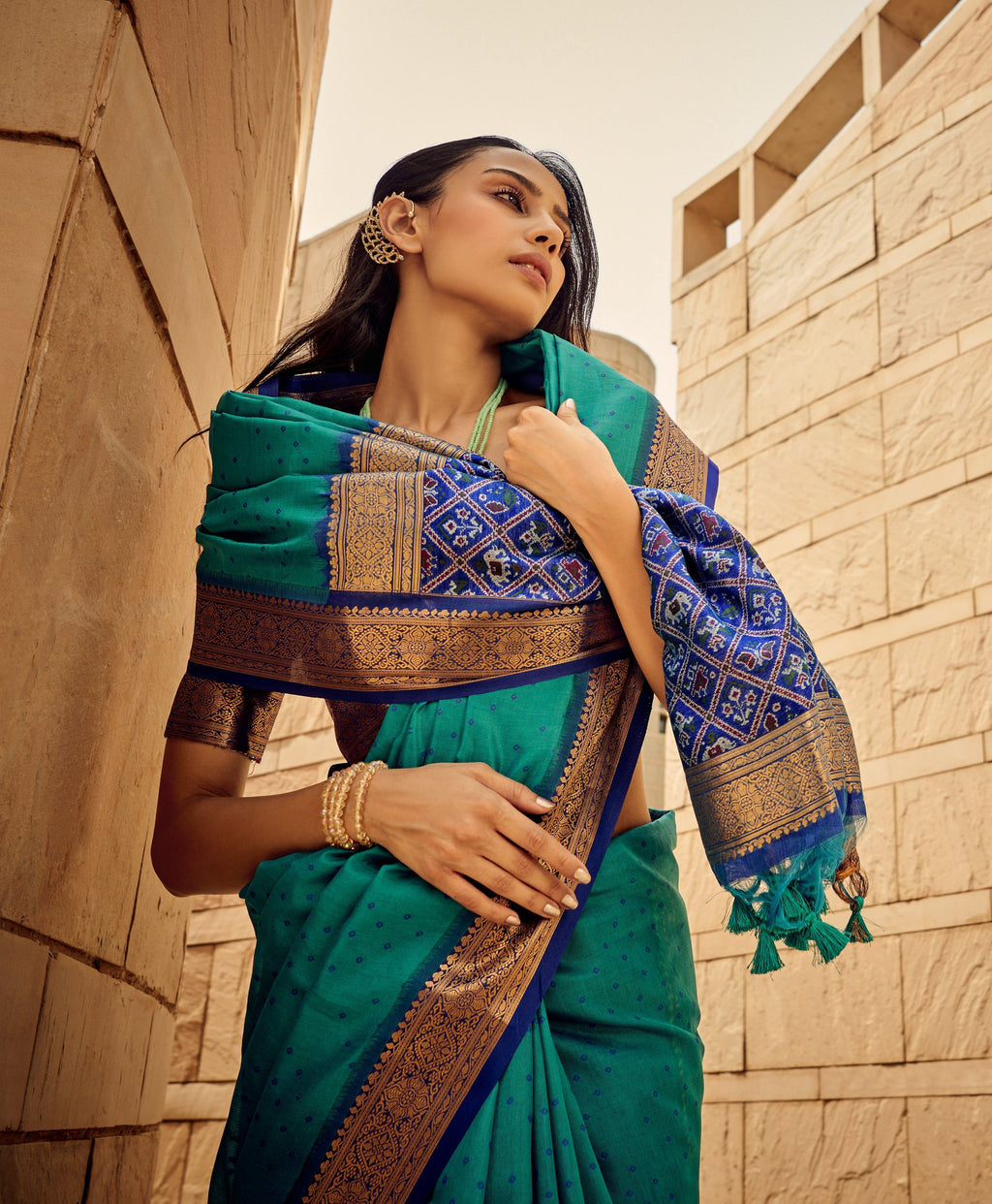 Teal Blue Handloom Silk Patola Saree with Matching Blouse