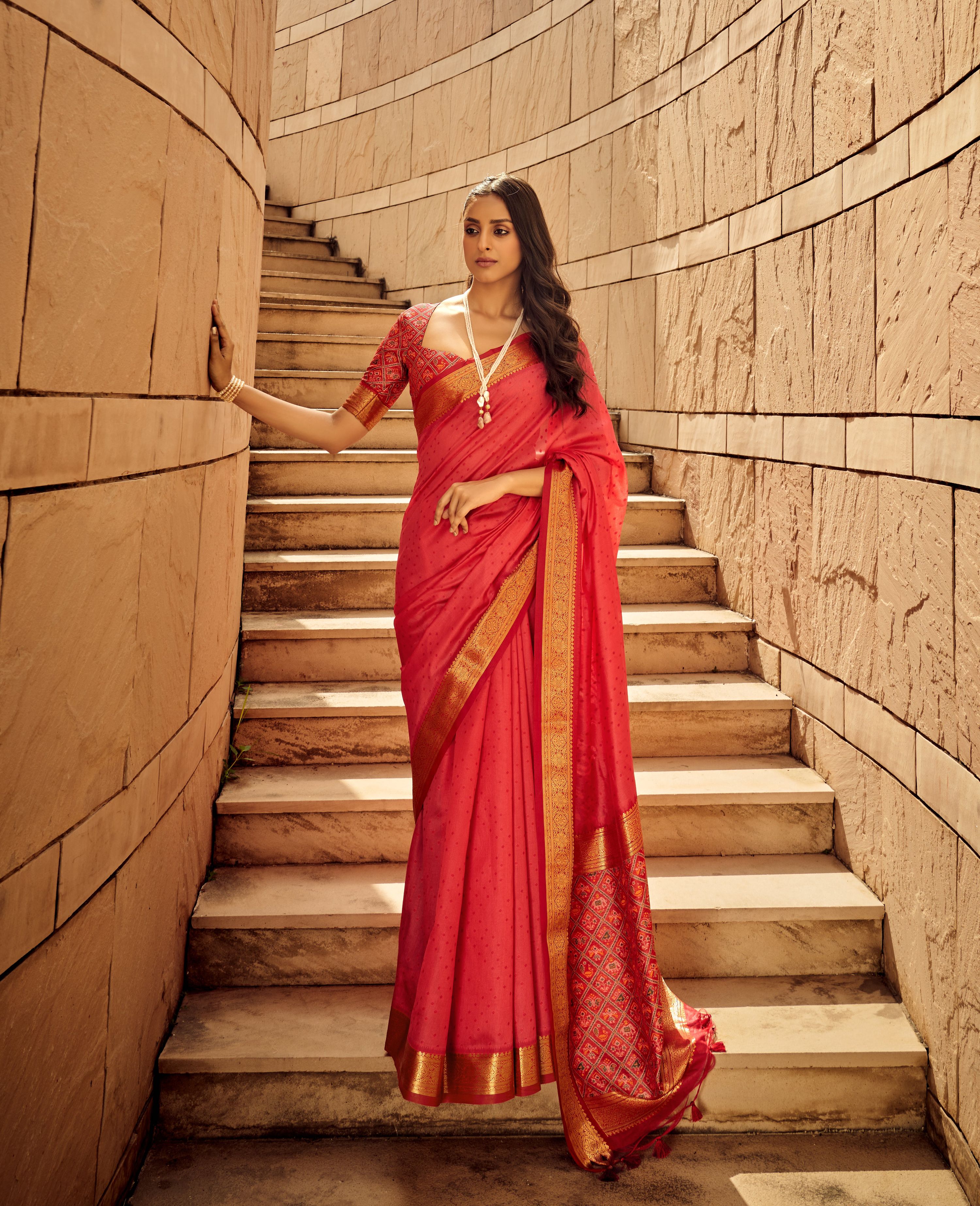Salmon handloom silk saree with Patola print and matching blouse
