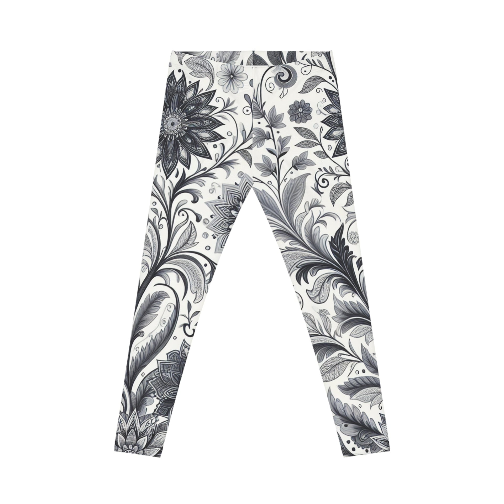 Women's High-Rise Floral Leggings, Black and White Athletic Pants