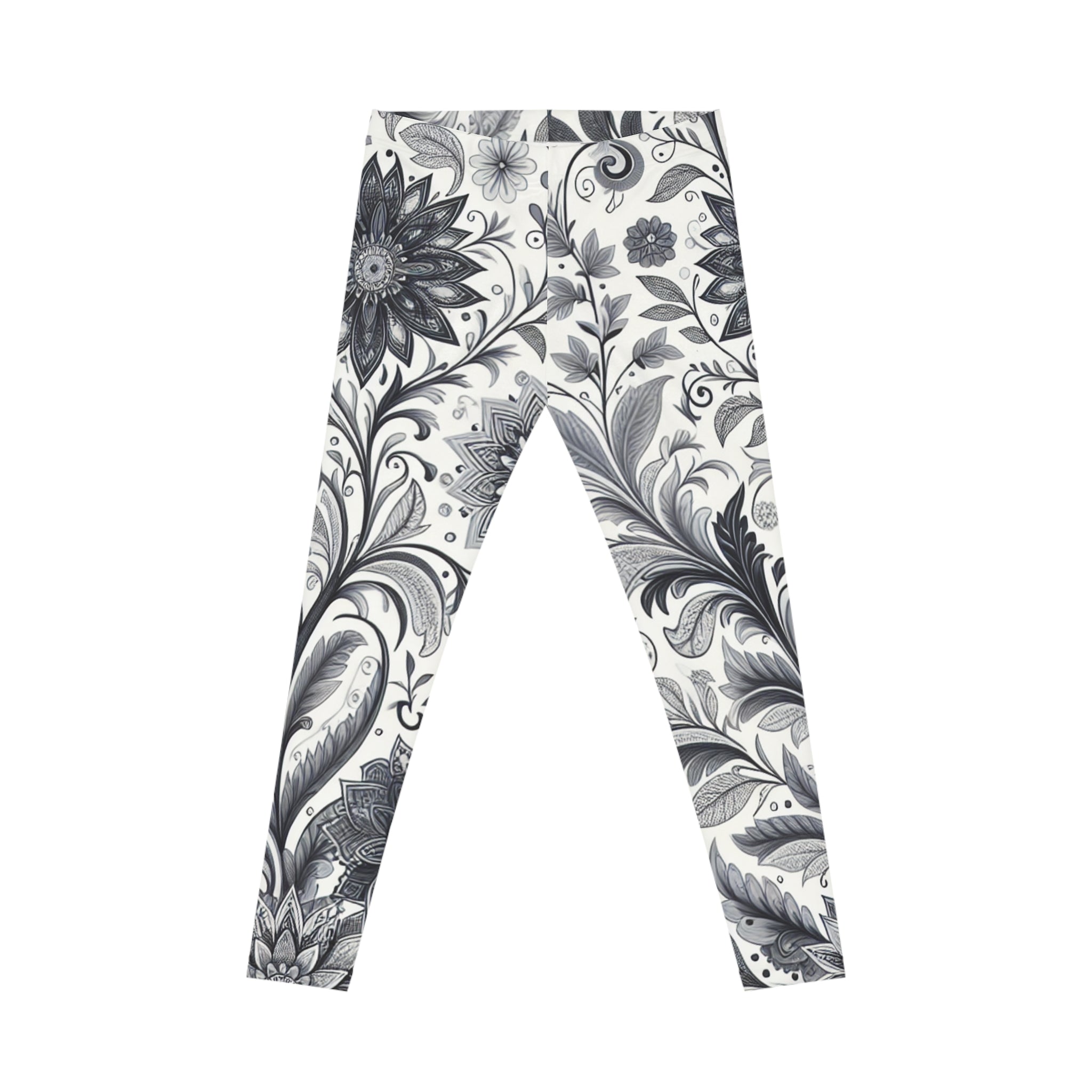 Women's High-Rise Floral Leggings, Black and White Athletic Pants