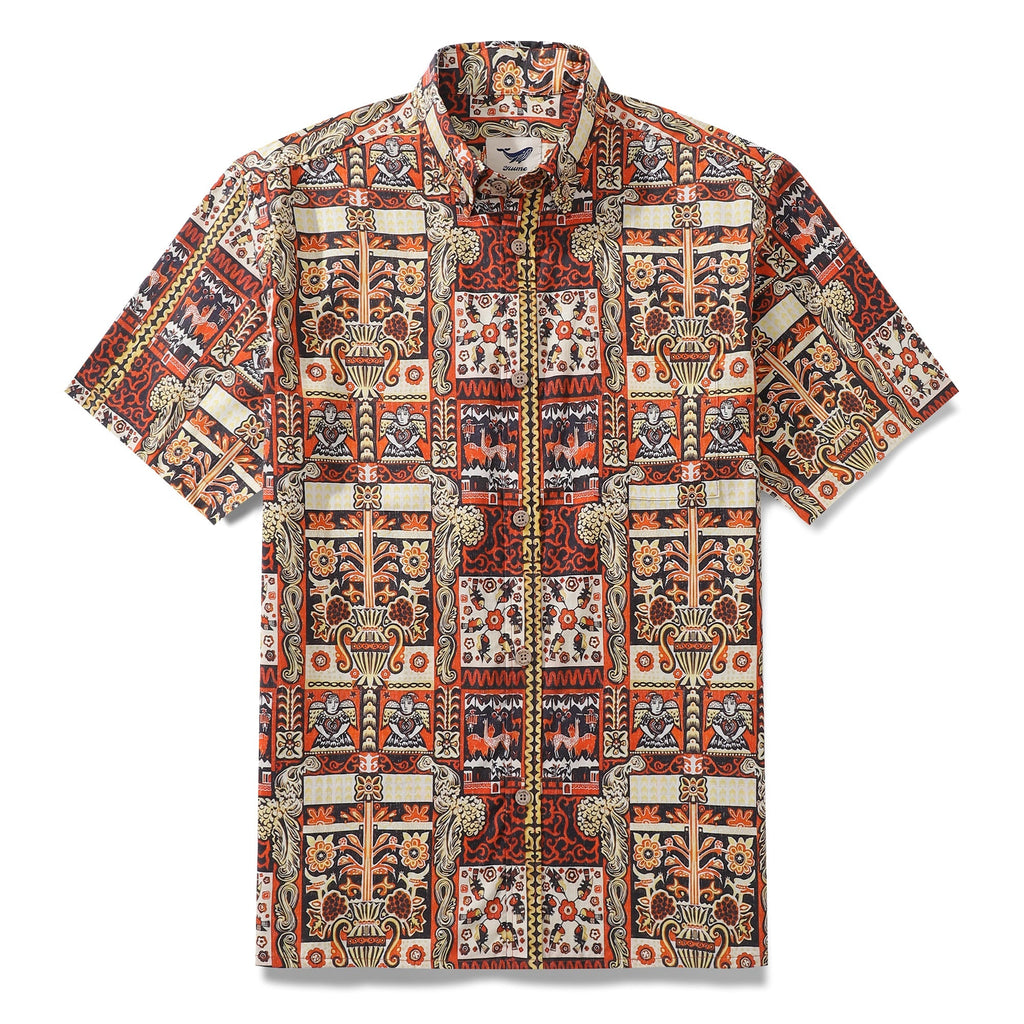 Short sleeve button-down Hawaiian shirt with Mystical Totem print in golden-red