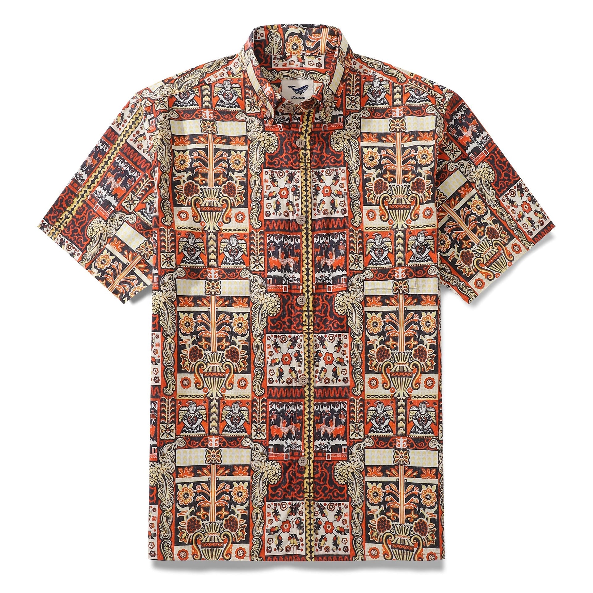 Short sleeve button-down Hawaiian shirt with Mystical Totem print in golden-red