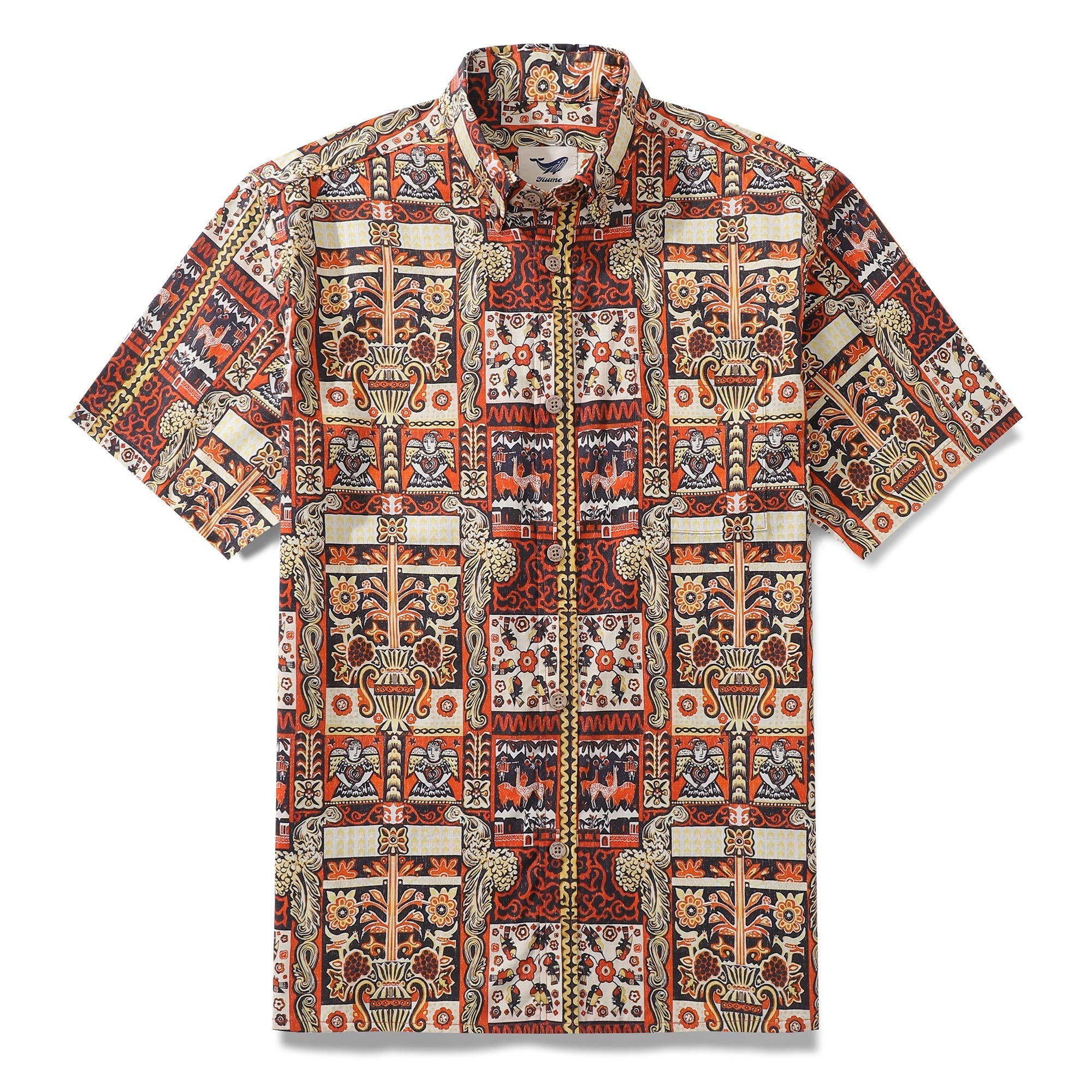 Short sleeve button-down Hawaiian shirt with Mystical Totem print in golden-red