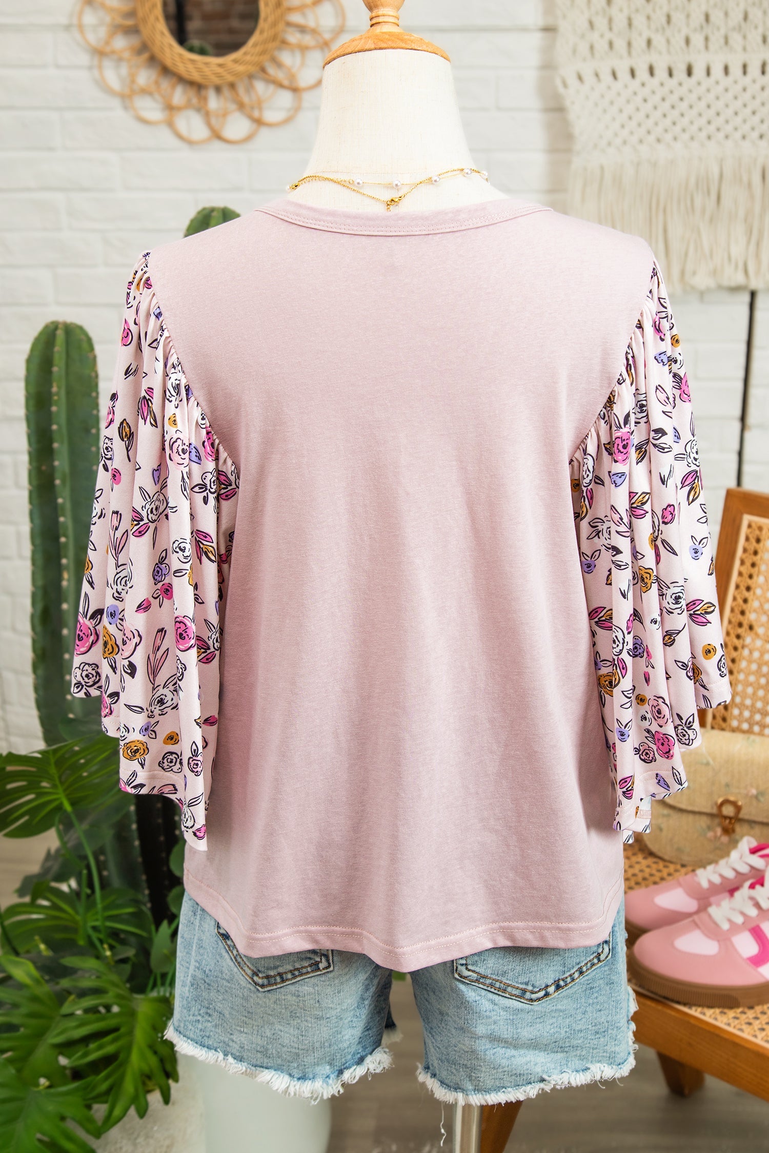 Pink Floral Patchwork Blouse with Flowy Half Sleeves