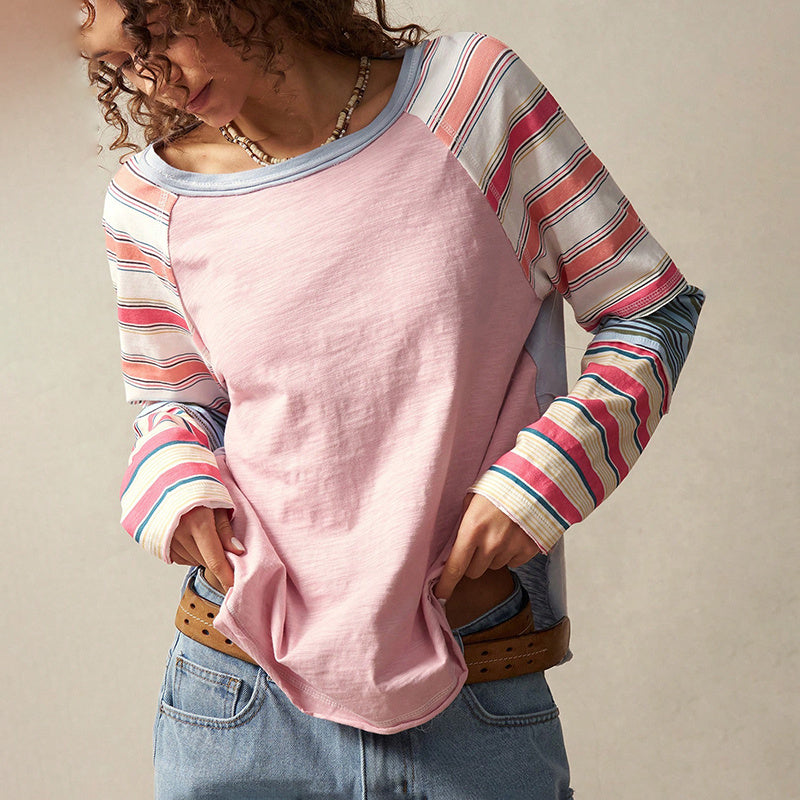 Women's Striped Patchwork Long Sleeve Round Neck Pullover Top - Image 4