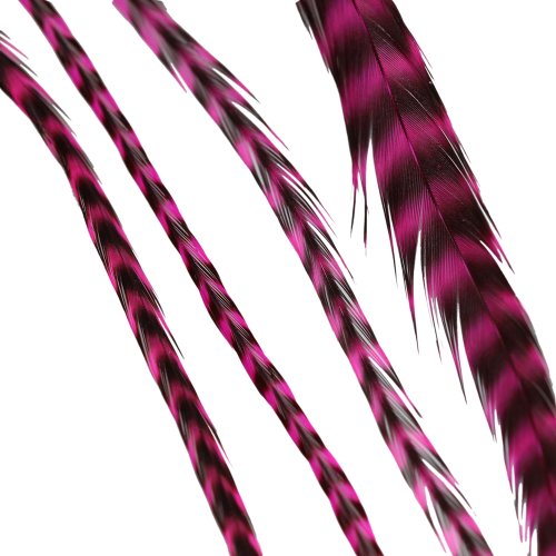 Close up of vibrant striped magenta feather hair extensions for styling