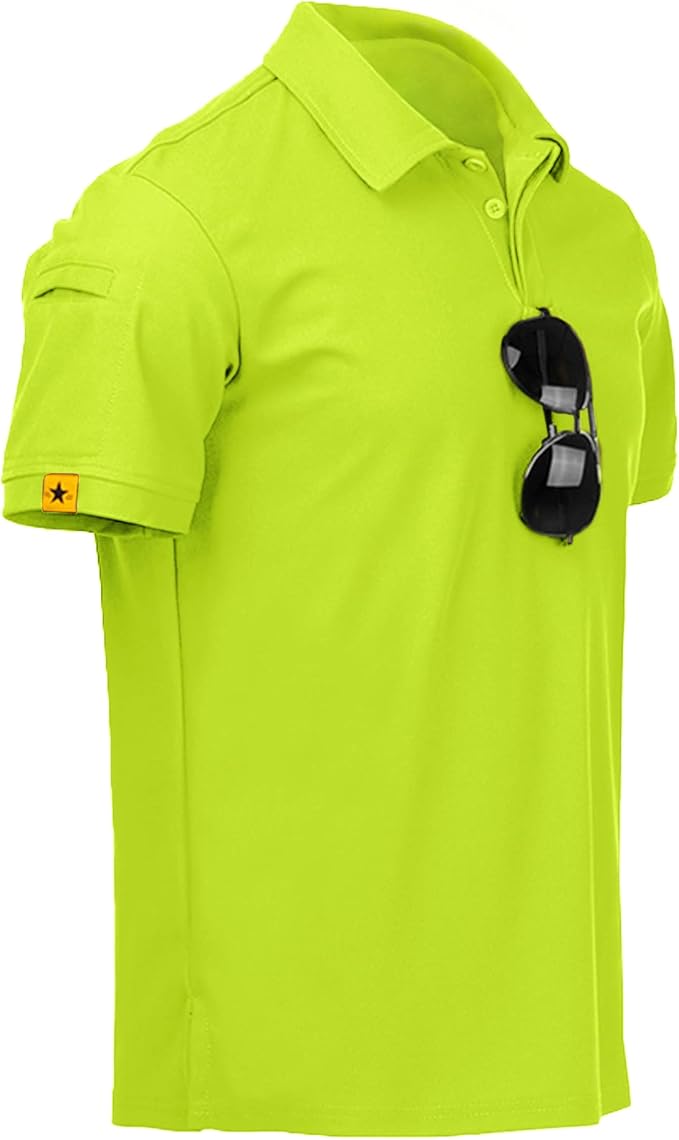 Men wearing a performance tactical golf polo shirt with ring buckle detail and moisture-wicking fabric.