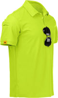 Men wearing a performance tactical golf polo shirt with ring buckle detail and moisture-wicking fabric.