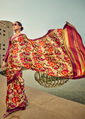 Digital floral print satin saree in beige, maroon, and orange